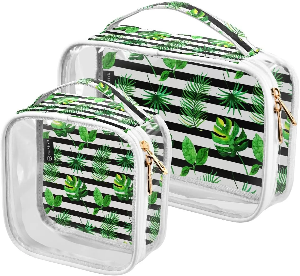 Tropical-leaves-pattern-with-stripes 2 Pack Clear Toiletry Bag Women Men, Portable Waterproof Clear Pouch, Cosmetic Bag with Double Zippers Large Opening Traveling with Handle for Bathroom Traveling V