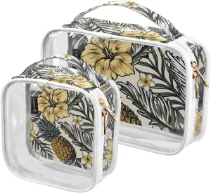 Tropical-pattern-with-pineapples 2 Pack Clear Toiletry Bag Women Men, Portable Waterproof Clear Pouch, Cosmetic Bag with Double Zippers Large Opening Traveling with Handle for Bathroom Traveling Vacat