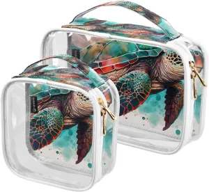 Tropical-turtle Print 2 Pack Clear Toiletry Bag Women Men, Portable Waterproof Clear Pouch, Cosmetic Bag with Double Zippers Large Opening Traveling with Handle for Bathroom Traveling Vacation Organiz