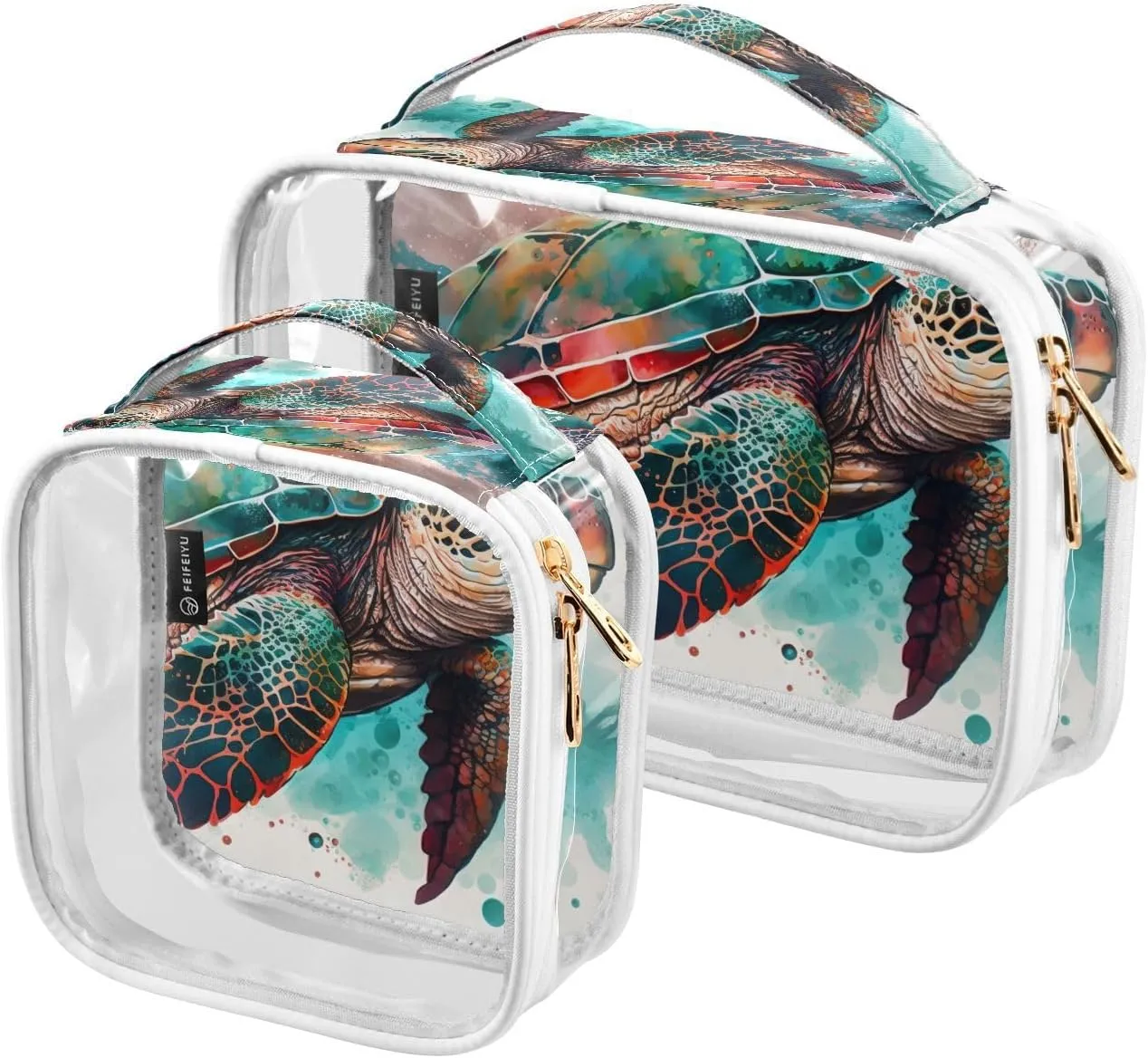 Tropical-turtle Print 2 Pack Clear Toiletry Bag Women Men, Portable Waterproof Clear Pouch, Cosmetic Bag with Double Zippers Large Opening Traveling with Handle for Bathroom Traveling Vacation Organiz