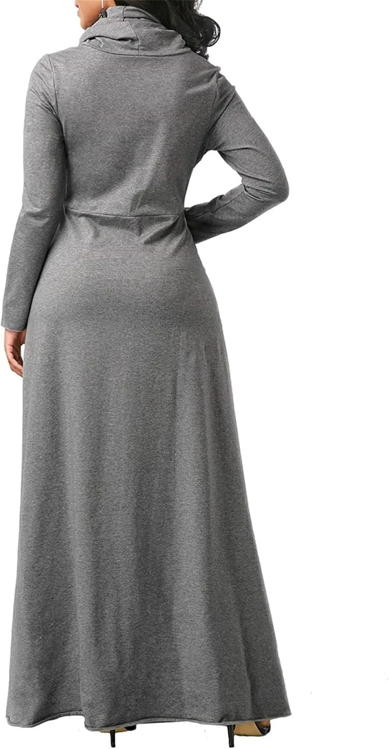 Turtleneck Maxi Dress for Women Plus Size Winter Elegant Solid Swing Casual Long Sleeve Long Dresses with Pocket