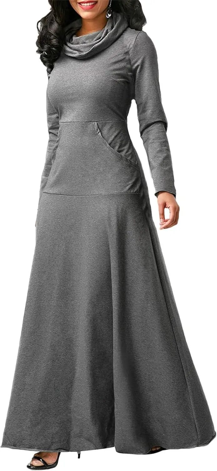 Turtleneck Maxi Dress for Women Plus Size Winter Elegant Solid Swing Casual Long Sleeve Long Dresses with Pocket