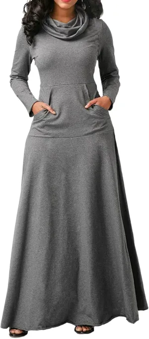 Turtleneck Maxi Dress for Women Plus Size Winter Elegant Solid Swing Casual Long Sleeve Long Dresses with Pocket