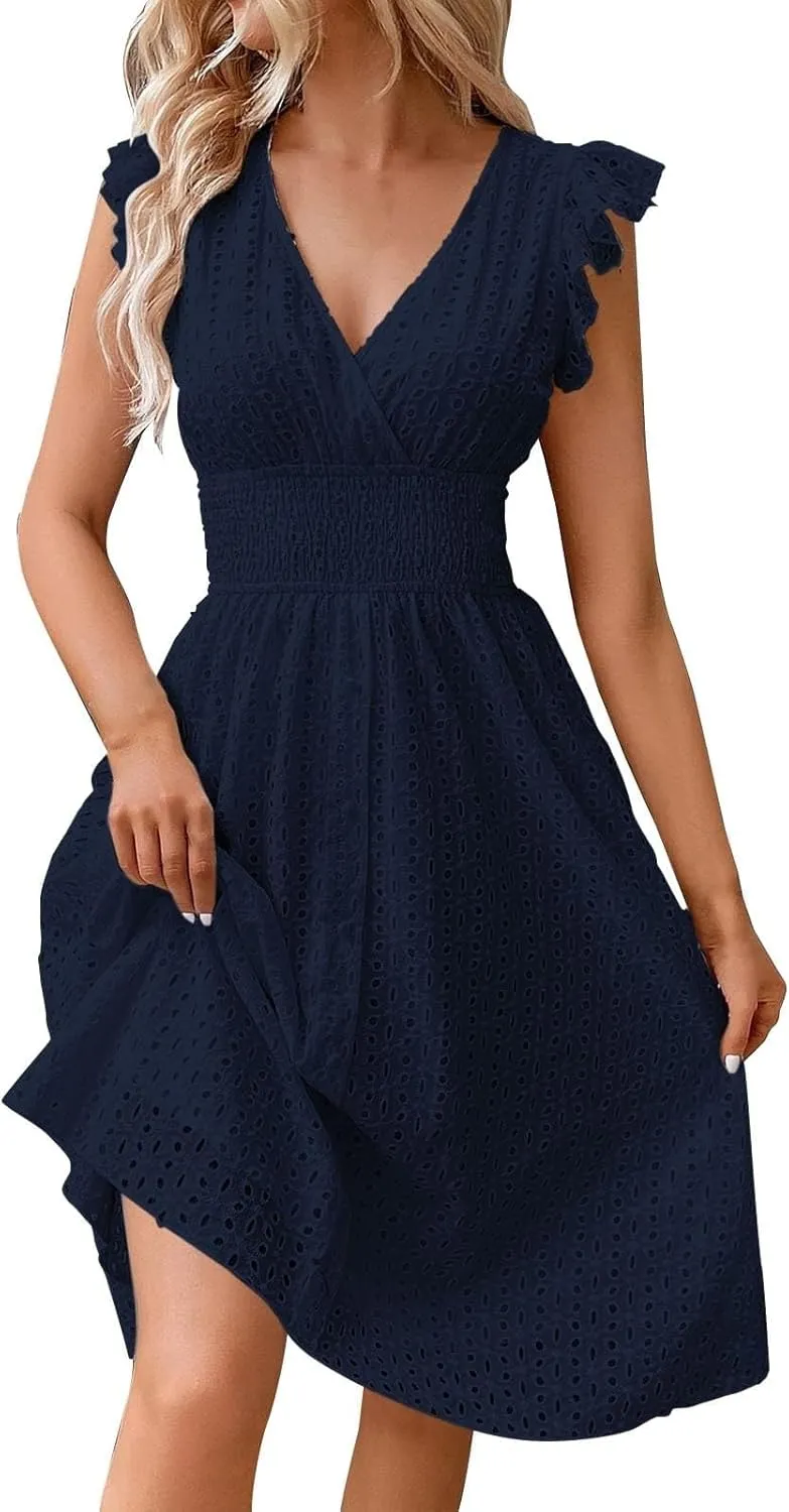 Vacation Dresses for Women 2025 Summer Trendy Eyelet Lace Ruffle Sleeve V Neck Midi Dress Flowy A Line Sundress
