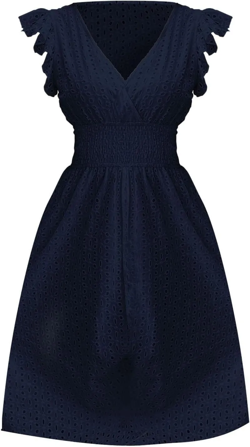 Vacation Dresses for Women 2025 Summer Trendy Eyelet Lace Ruffle Sleeve V Neck Midi Dress Flowy A Line Sundress