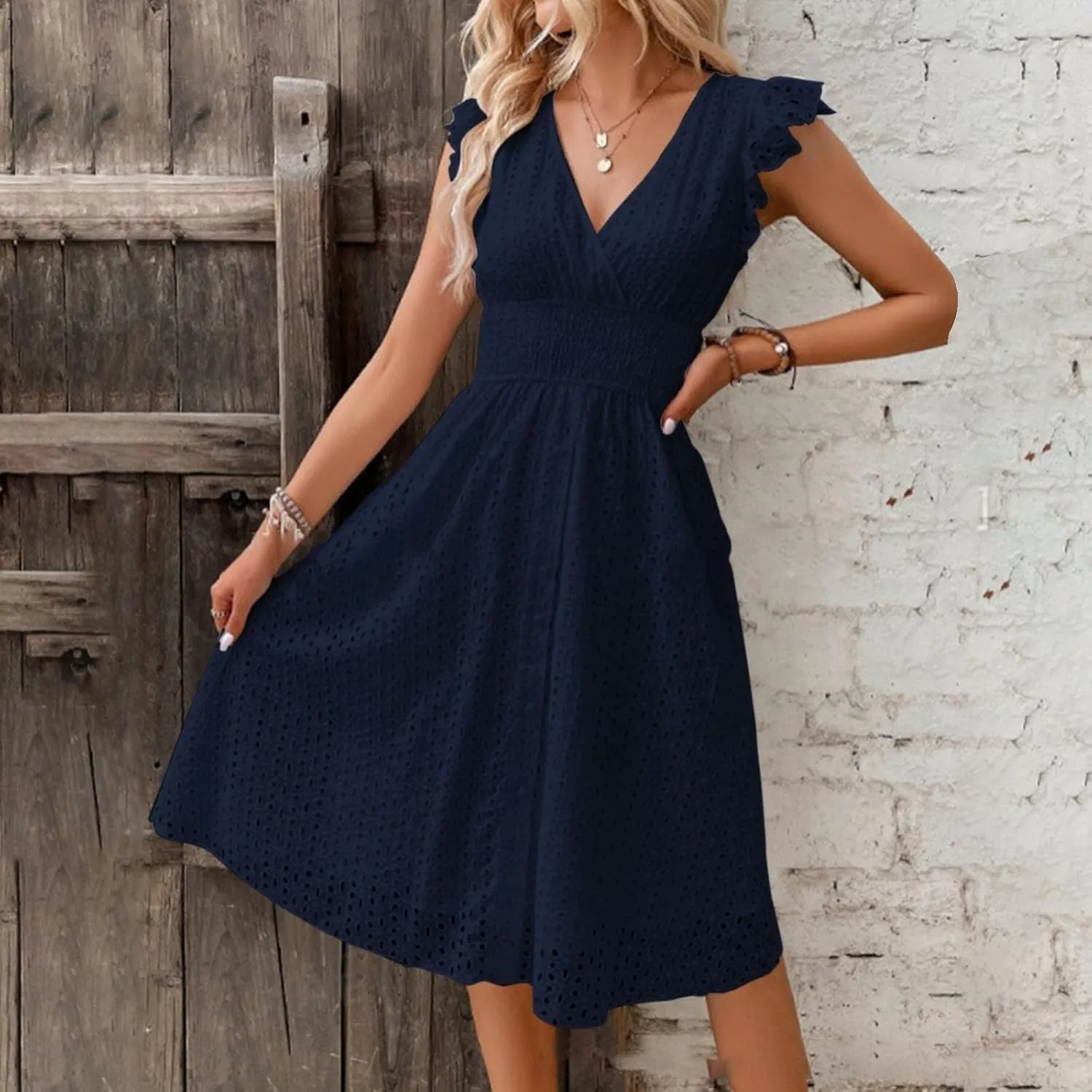 Vacation Dresses for Women 2025 Summer Trendy Eyelet Lace Ruffle Sleeve V Neck Midi Dress Flowy A Line Sundress