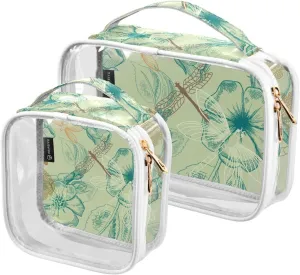Vintage Bird Blue Dragonfly Pattern 2 Pack Clear Toiletry Bag Women Men, Portable Waterproof Clear Pouch, Cosmetic Bag with Double Zippers Large Opening Traveling with Handle for Bathroom Traveling Va