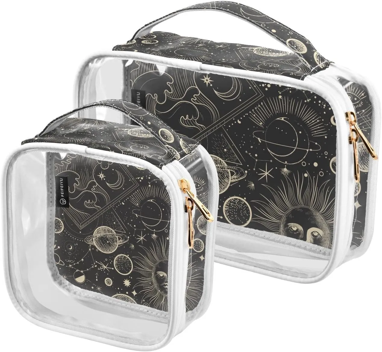 Vintage-engraving-style-pattern 2 Pack Clear Toiletry Bag Women Men, Portable Waterproof Clear Pouch, Cosmetic Bag with Double Zippers Large Opening Traveling with Handle for Bathroom Traveling Vacati