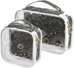 Vintage-engraving-style-pattern 2 Pack Clear Toiletry Bag Women Men, Portable Waterproof Clear Pouch, Cosmetic Bag with Double Zippers Large Opening Traveling with Handle for Bathroom Traveling Vacati