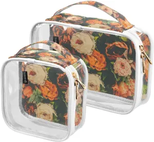 Vintage-flower Print 2 Pack Clear Toiletry Bag Women Men, Portable Waterproof Clear Pouch, Cosmetic Bag with Double Zippers Large Opening Traveling with Handle for Bathroom Traveling Vacation Organizi