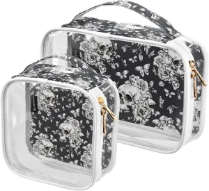 Vintage-skull-butterflies-flowers 2 Pack Clear Toiletry Bag Women Men, Portable Waterproof Clear Pouch, Cosmetic Bag with Double Zippers Large Opening Traveling with Handle for Bathroom Traveling Vaca