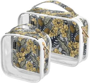 Vintage-tropical-pattern 2 Pack Clear Toiletry Bag Women Men, Portable Waterproof Clear Pouch, Cosmetic Bag with Double Zippers Large Opening Traveling with Handle for Bathroom Traveling Vacation Orga