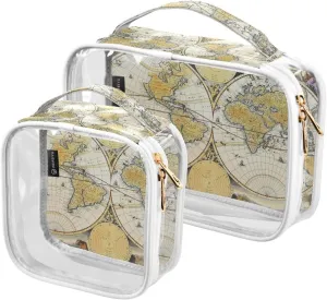 Vintage-world-map 2 Pack Clear Toiletry Bag Women Men, Portable Waterproof Clear Pouch, Cosmetic Bag with Double Zippers Large Opening Traveling with Handle for Bathroom Traveling Vacation Organizing