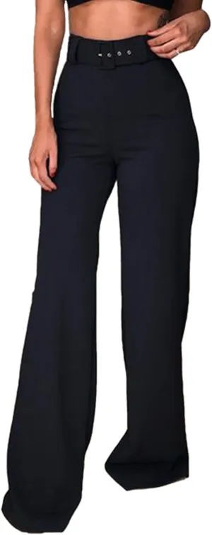 Vrtige Women's Elastic High Waist Wide Leg Pants Straight Long Trousers with Belt