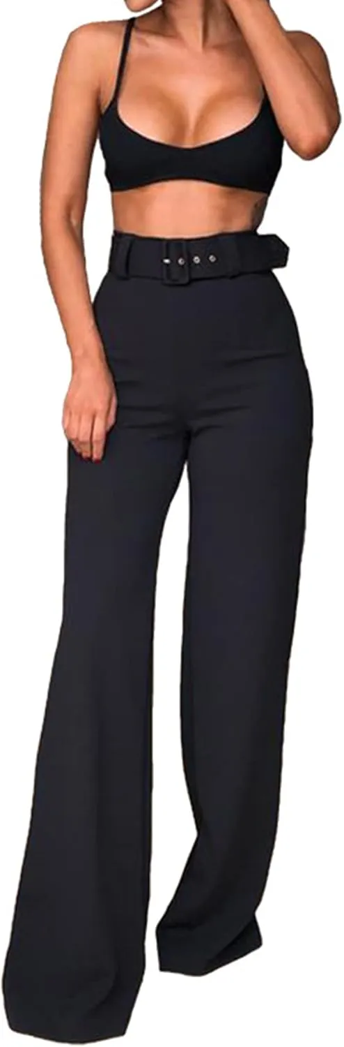 Vrtige Women's Elastic High Waist Wide Leg Pants Straight Long Trousers with Belt