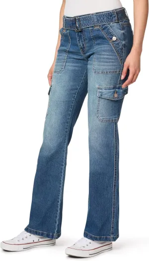 WallFlower Women's Feisty Curvy Cargo Flare Low Rise Belted Insta Stretch Juniors Pants (Standard and Plus)