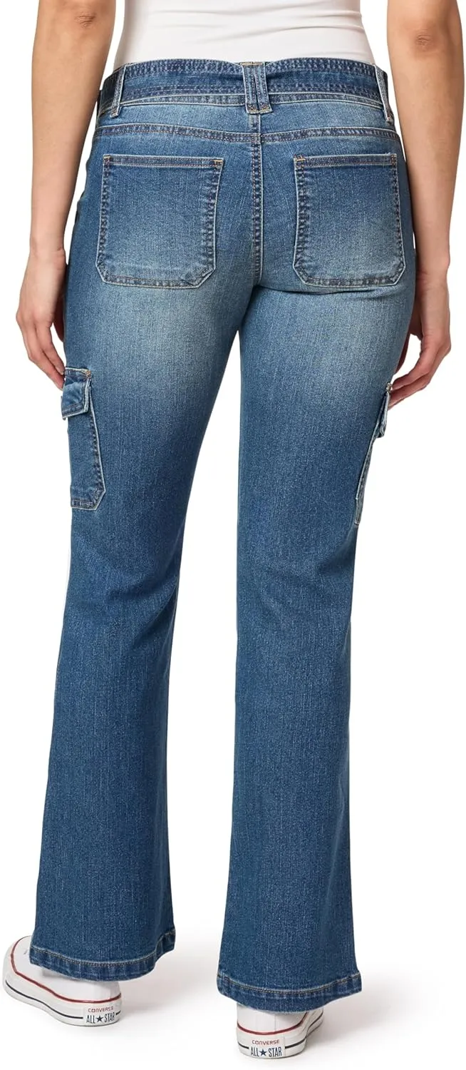 WallFlower Women's Feisty Curvy Cargo Flare Low Rise Belted Insta Stretch Juniors Pants (Standard and Plus)