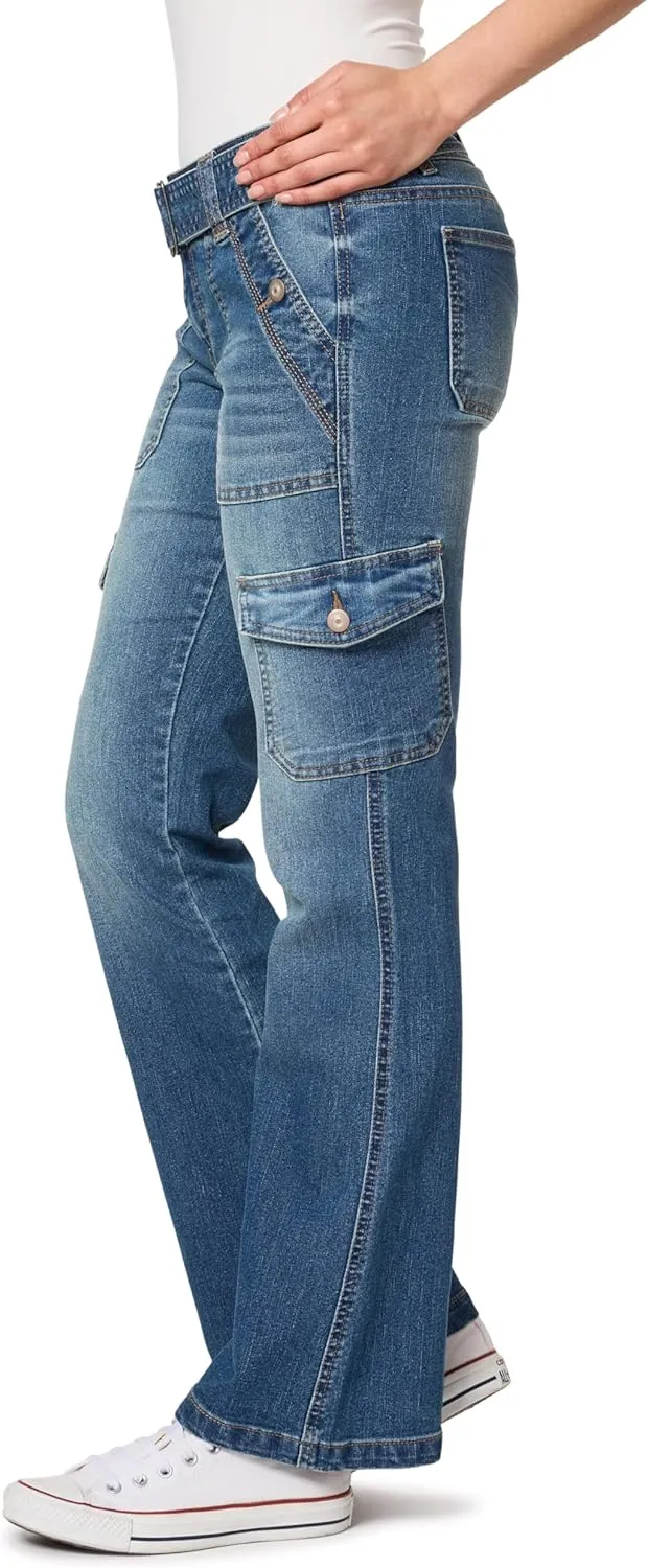 WallFlower Women's Feisty Curvy Cargo Flare Low Rise Belted Insta Stretch Juniors Pants (Standard and Plus)