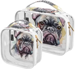 Watercolor-drawing-french-bulldog 2 Pack Clear Toiletry Bag Women Men, Portable Waterproof Clear Pouch, Cosmetic Bag with Double Zippers Large Opening Traveling with Handle for Bathroom Traveling Vaca