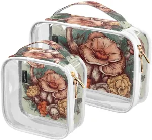 Watercolor-flowers-mushrooms 2 Pack Clear Toiletry Bag Women Men, Portable Waterproof Clear Pouch, Cosmetic Bag with Double Zippers Large Opening Traveling with Handle for Bathroom Traveling Vacation