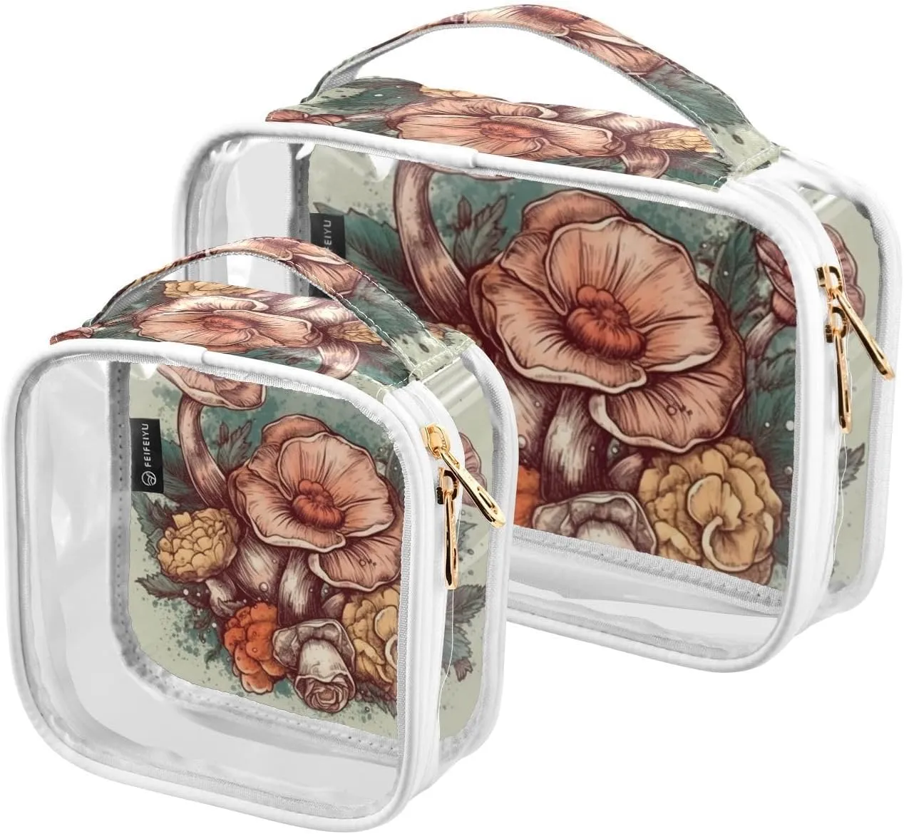 Watercolor-flowers-mushrooms 2 Pack Clear Toiletry Bag Women Men, Portable Waterproof Clear Pouch, Cosmetic Bag with Double Zippers Large Opening Traveling with Handle for Bathroom Traveling Vacation