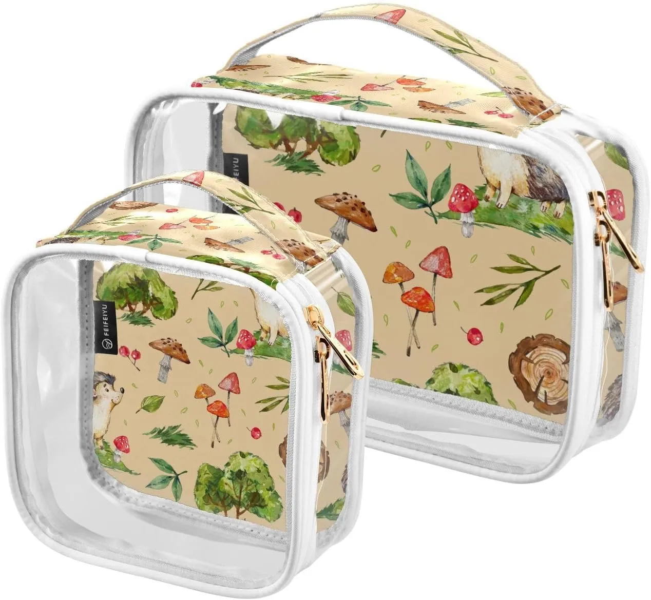 Watercolor-forest-animals-pattern 2 Pack Clear Toiletry Bag Women Men, Portable Waterproof Clear Pouch, Cosmetic Bag with Double Zippers Large Opening Traveling with Handle for Bathroom Traveling Vaca