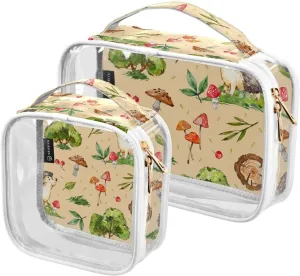 Watercolor-forest-animals-pattern 2 Pack Clear Toiletry Bag Women Men, Portable Waterproof Clear Pouch, Cosmetic Bag with Double Zippers Large Opening Traveling with Handle for Bathroom Traveling Vaca