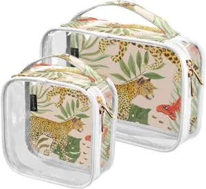 Watercolor-summer-tropical-pattern 2 Pack Clear Toiletry Bag Women Men, Portable Waterproof Clear Pouch, Cosmetic Bag with Double Zippers Large Opening Traveling with Handle for Bathroom Traveling Vac