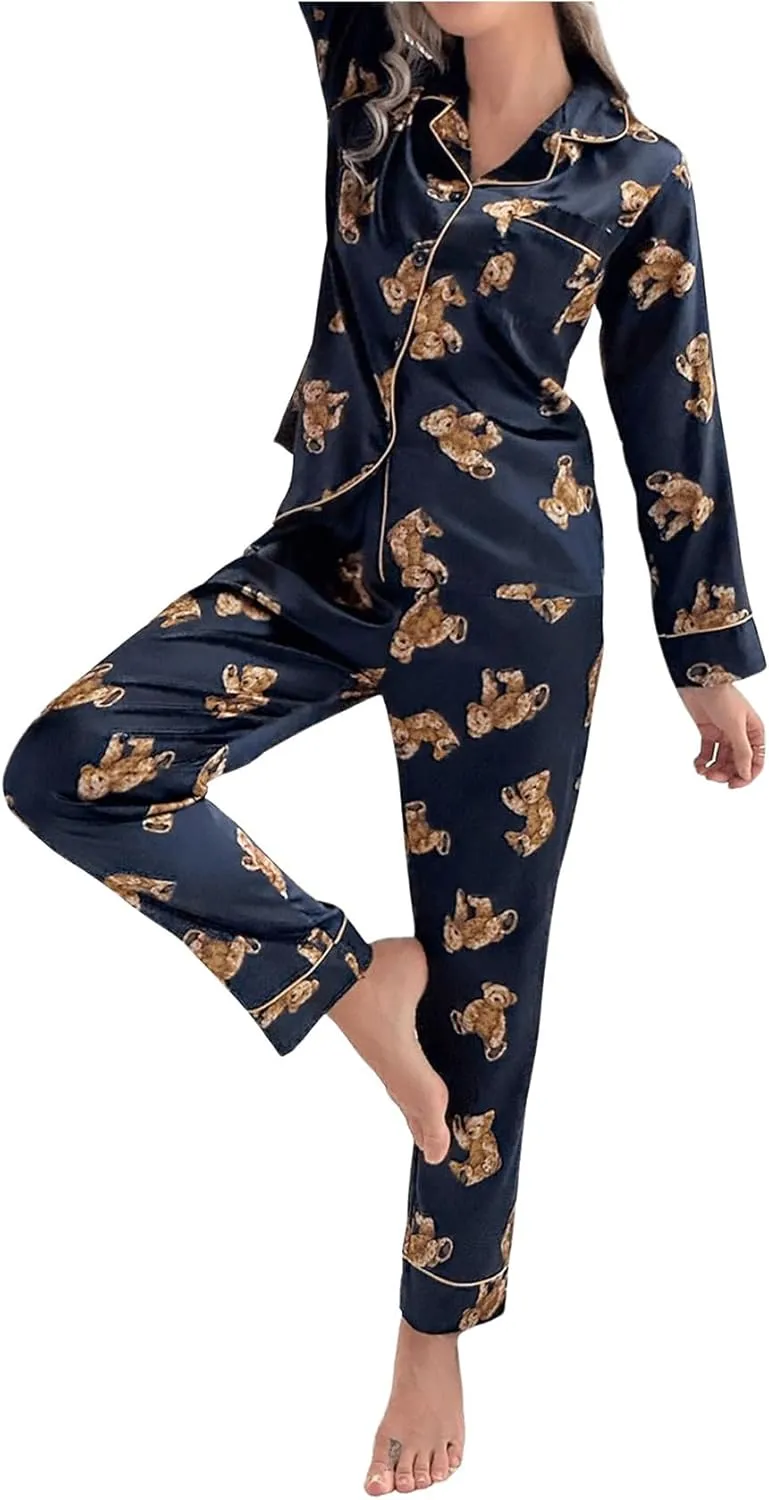 WDIRARA Women's Satin 2 Piece Pajama Sets Long Sleeve Pants Button Down Sleepwear