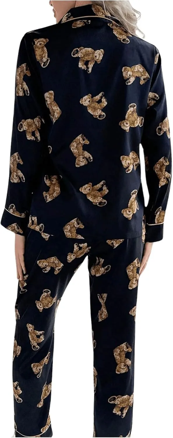 WDIRARA Women's Satin 2 Piece Pajama Sets Long Sleeve Pants Button Down Sleepwear