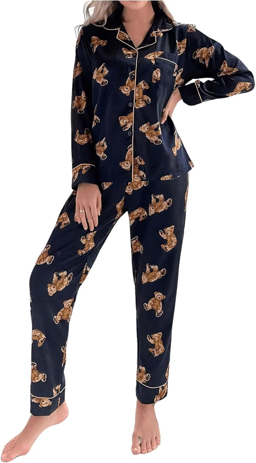 WDIRARA Women's Satin 2 Piece Pajama Sets Long Sleeve Pants Button Down Sleepwear
