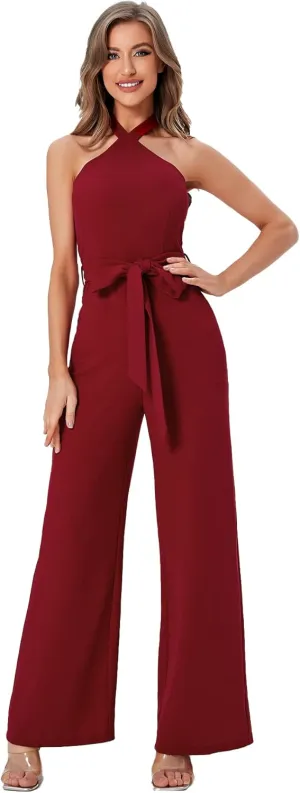 WDIRARA Women's Sleeveless Halter Tied Backless High Waist Belted Wide Leg Pants Elegant Jumpsuit Rompers