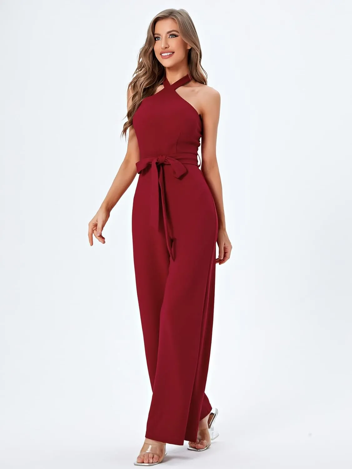 WDIRARA Women's Sleeveless Halter Tied Backless High Waist Belted Wide Leg Pants Elegant Jumpsuit Rompers