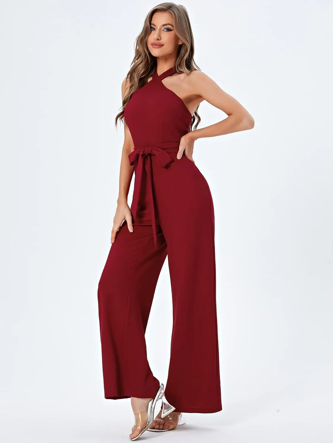 WDIRARA Women's Sleeveless Halter Tied Backless High Waist Belted Wide Leg Pants Elegant Jumpsuit Rompers