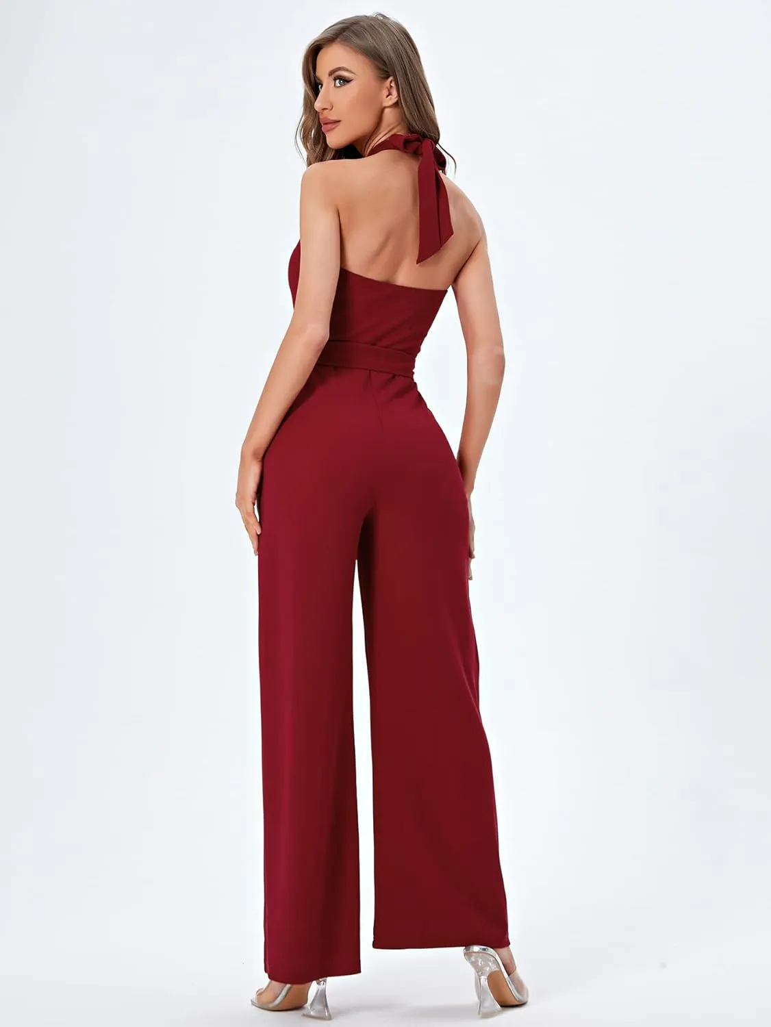 WDIRARA Women's Sleeveless Halter Tied Backless High Waist Belted Wide Leg Pants Elegant Jumpsuit Rompers