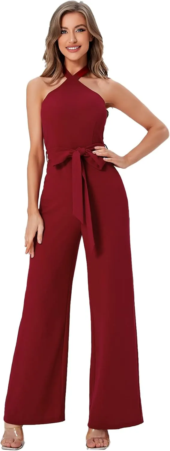 WDIRARA Women's Sleeveless Halter Tied Backless High Waist Belted Wide Leg Pants Elegant Jumpsuit Rompers