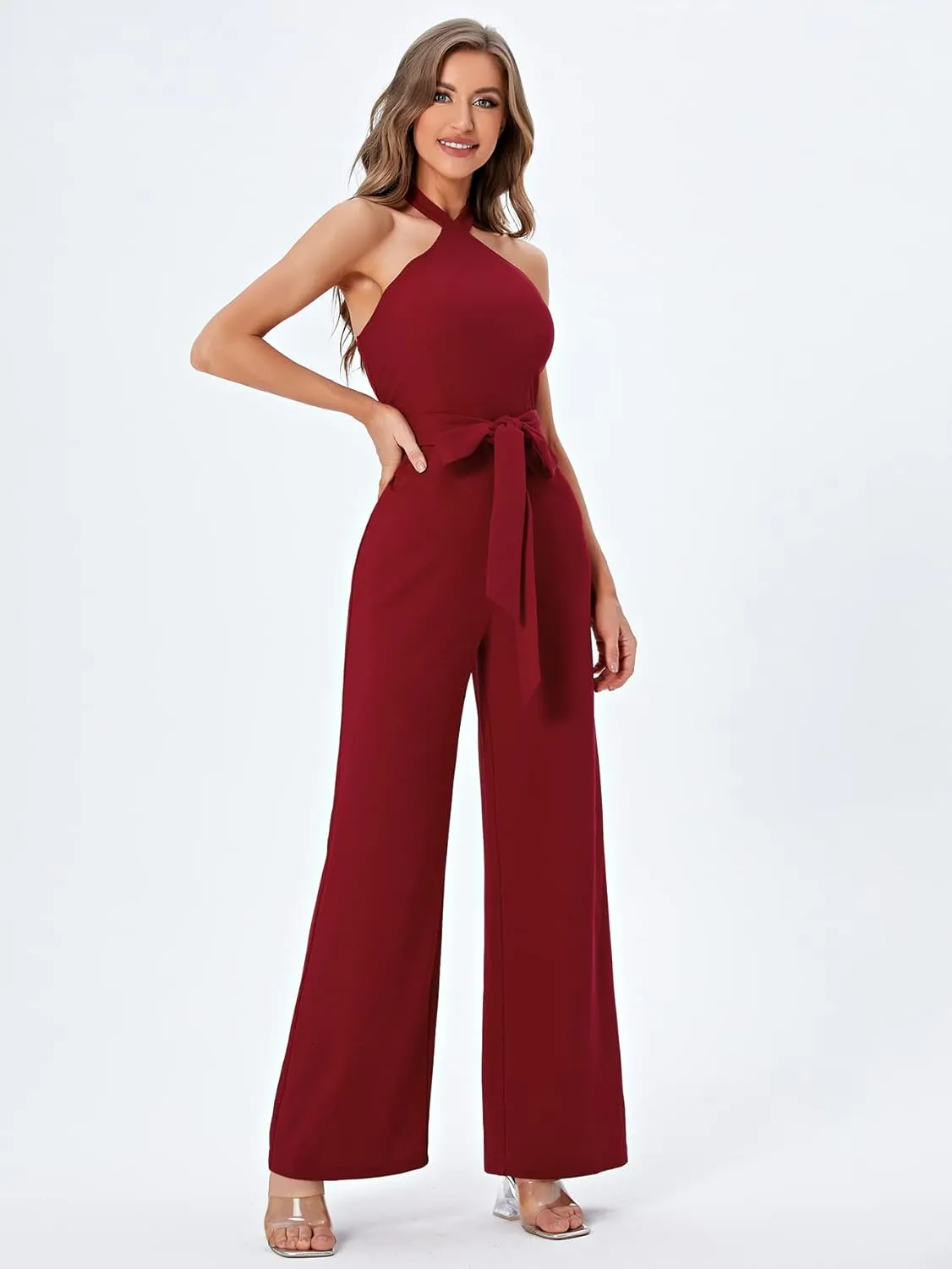 WDIRARA Women's Sleeveless Halter Tied Backless High Waist Belted Wide Leg Pants Elegant Jumpsuit Rompers