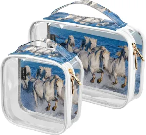 White-camargue-horses 2 Pack Clear Toiletry Bag Women Men, Portable Waterproof Clear Pouch, Cosmetic Bag with Double Zippers Large Opening Traveling with Handle for Bathroom Traveling Vacation Organiz