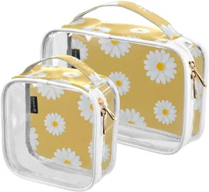 White-daisy-yellow-background 2 Pack Clear Toiletry Bag Women Men, Portable Waterproof Clear Pouch, Cosmetic Bag with Double Zippers Large Opening Traveling with Handle for Bathroom Traveling Vacation