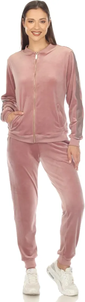 white mark Women's 2-Piece Velour Bomber Track Jacket and Sweatpants Tracksuit Set with Faux Leather Stripe