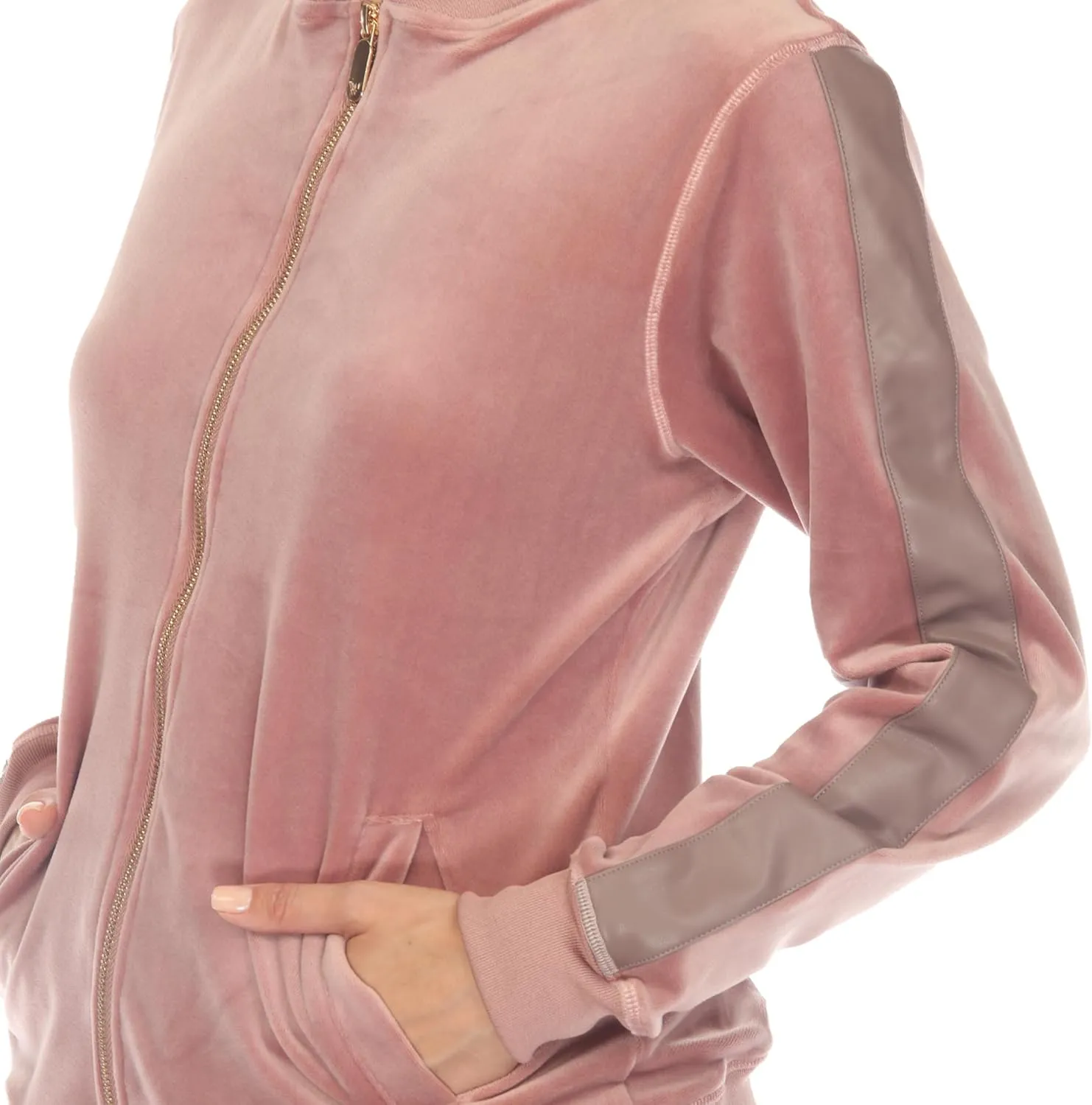 white mark Women's 2-Piece Velour Bomber Track Jacket and Sweatpants Tracksuit Set with Faux Leather Stripe