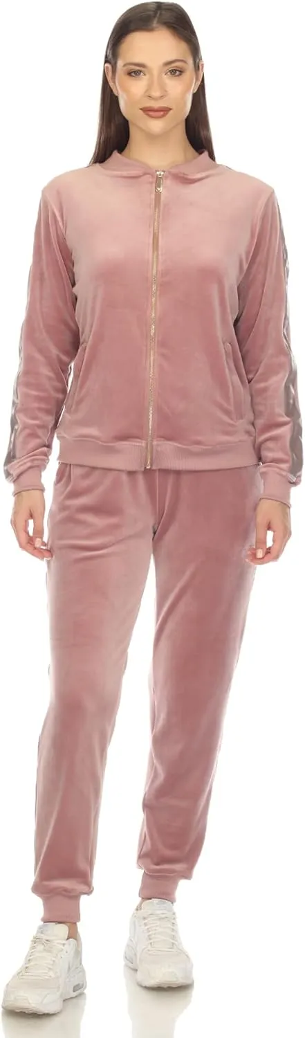 white mark Women's 2-Piece Velour Bomber Track Jacket and Sweatpants Tracksuit Set with Faux Leather Stripe