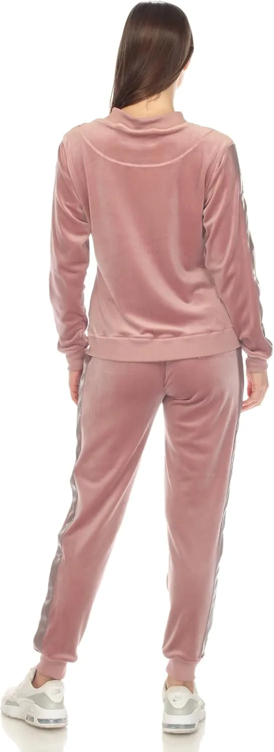 white mark Women's 2-Piece Velour Bomber Track Jacket and Sweatpants Tracksuit Set with Faux Leather Stripe
