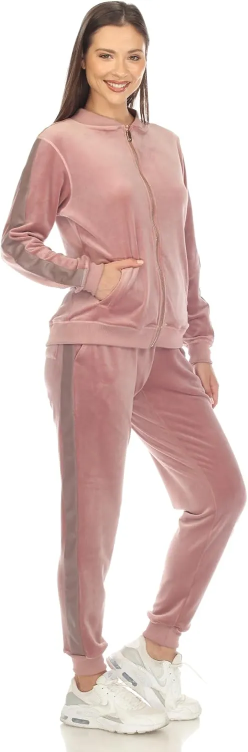 white mark Women's 2-Piece Velour Bomber Track Jacket and Sweatpants Tracksuit Set with Faux Leather Stripe