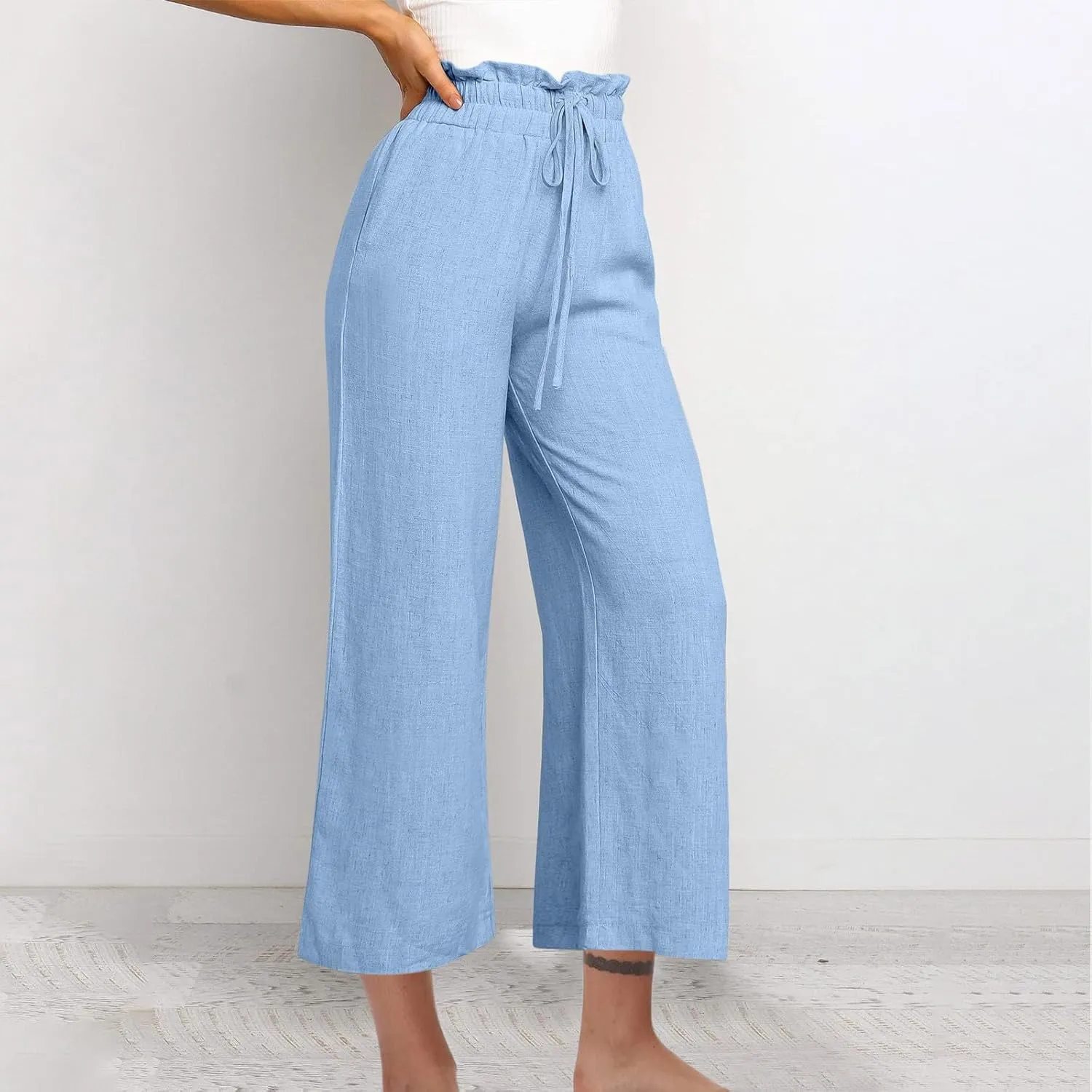 Wide Leg Linen Pants Women Drawstring Ruffle High Waisted Cropped Palazzo Pants Summer Casual Trousers with Pockets