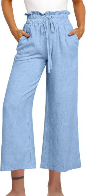 Wide Leg Linen Pants Women Drawstring Ruffle High Waisted Cropped Palazzo Pants Summer Casual Trousers with Pockets