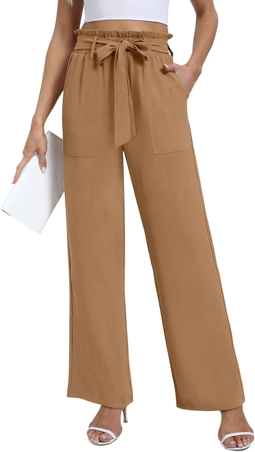 Wide Leg Pants for Women 2024 High Waisted Palazzo Pants with Pockets Adjustable Tie Knot Flowy Trousers