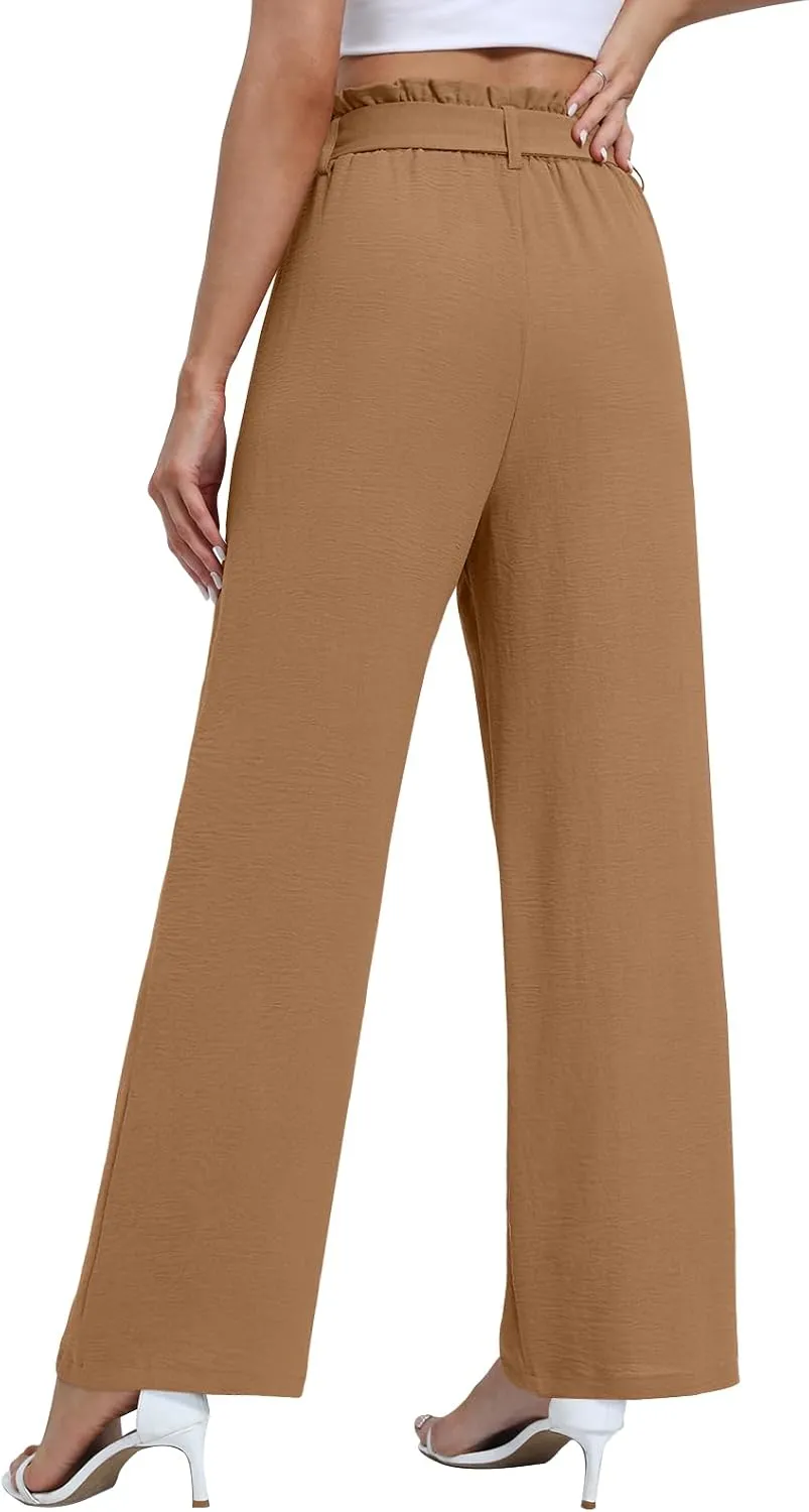 Wide Leg Pants for Women 2024 High Waisted Palazzo Pants with Pockets Adjustable Tie Knot Flowy Trousers