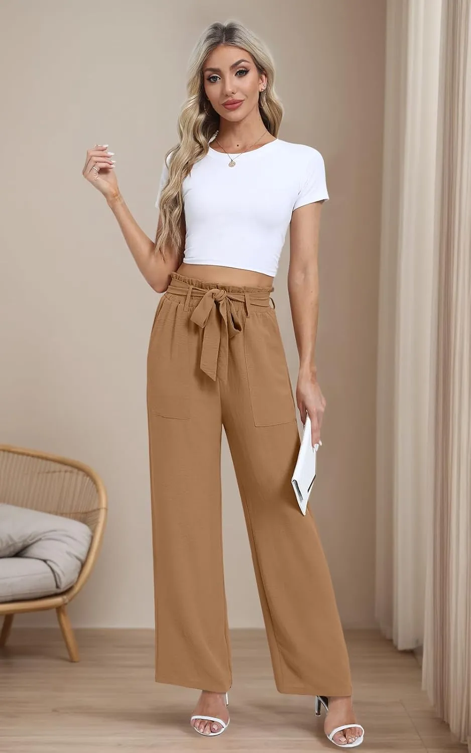 Wide Leg Pants for Women 2024 High Waisted Palazzo Pants with Pockets Adjustable Tie Knot Flowy Trousers