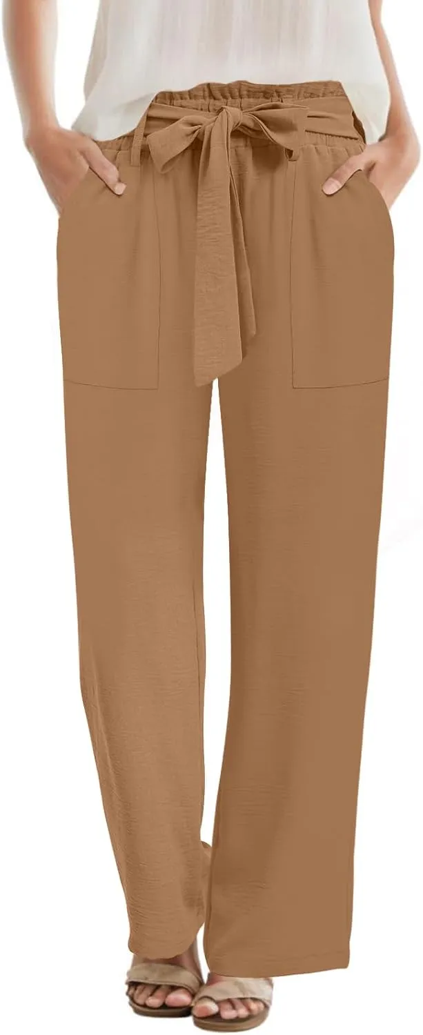Wide Leg Pants for Women 2024 High Waisted Palazzo Pants with Pockets Adjustable Tie Knot Flowy Trousers